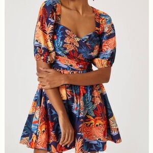 Anthropologie | Blue & Orange Tropical Tiger Mini Dress with Puff Sleeve | Large